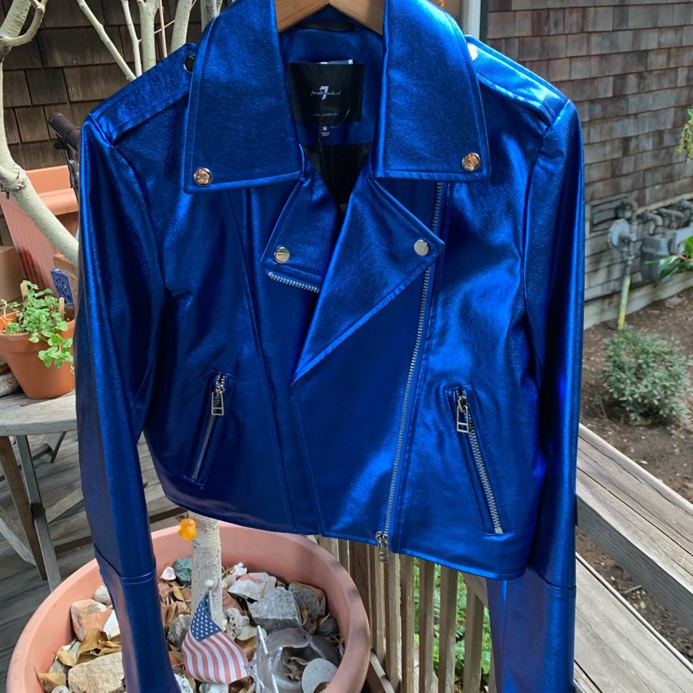 7 For All Mankind Shiny Blue Faux Leather Jacket